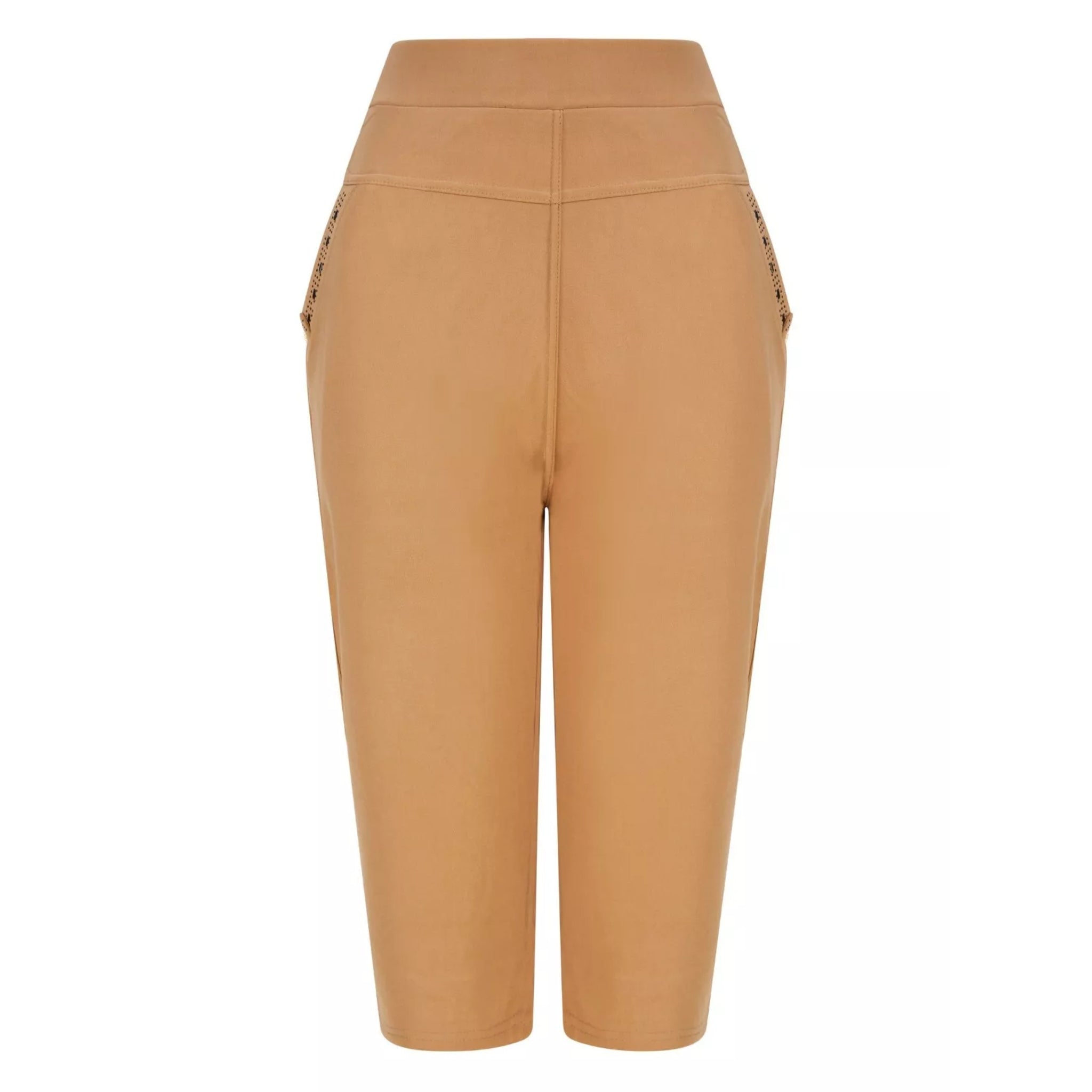 Ladies plus size 3/4 length cropped shorts in camel with elastic waistband